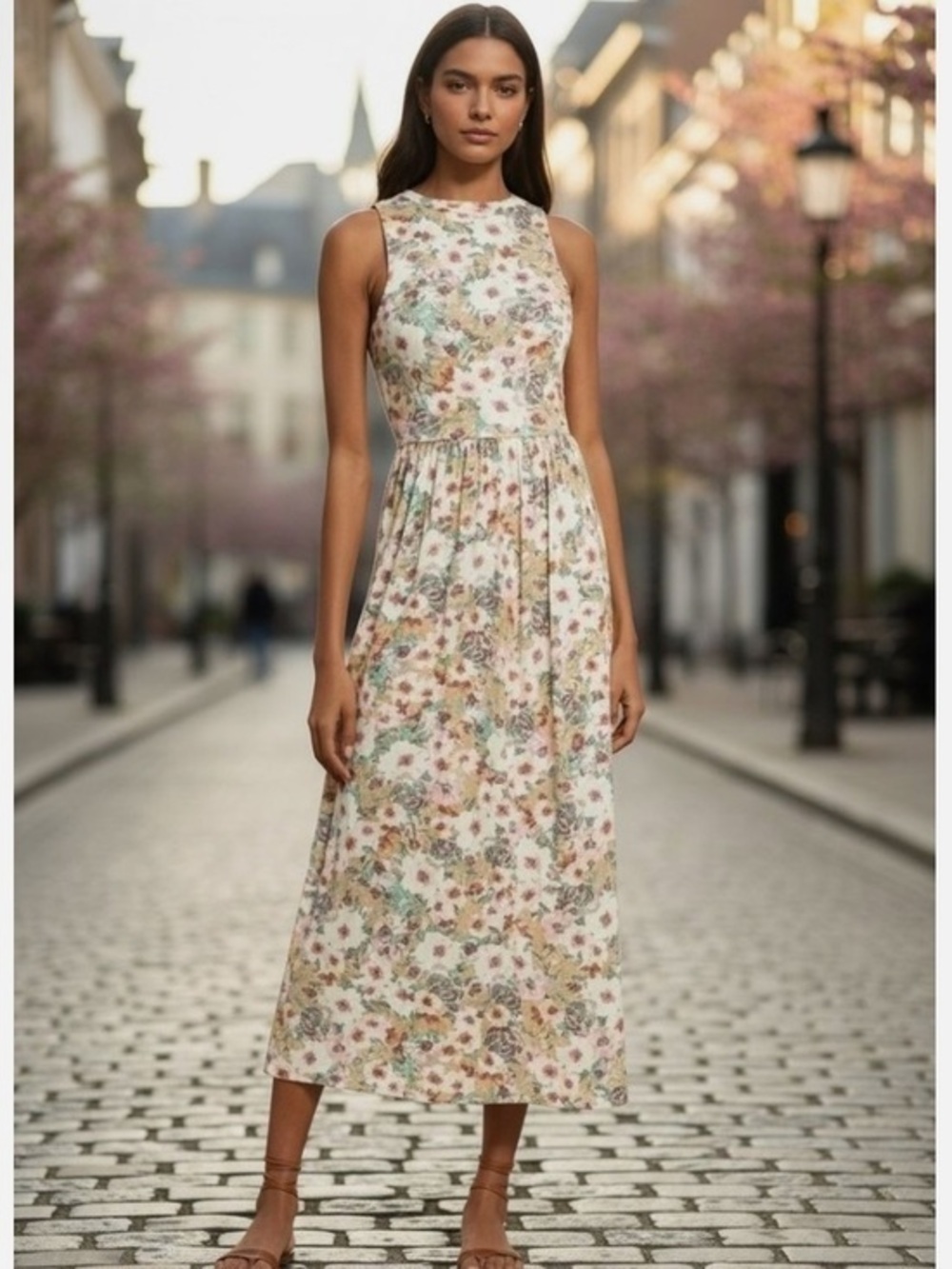 NWT Fourteenth Place Floral Sleeveless Midi Dress in Soft Cream